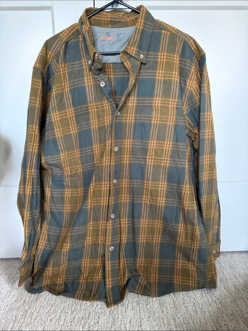 Men's Plaid Button-Down Shirt in Olive Green and Mustard